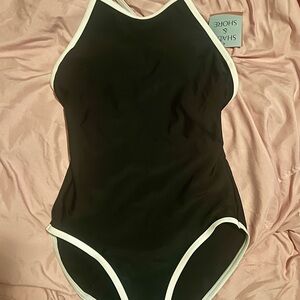 Shade & Shore Black One-Piece Swimsuit with White Trim